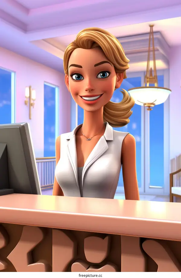A 3D rendering of a blonde woman at a hotel reception desk