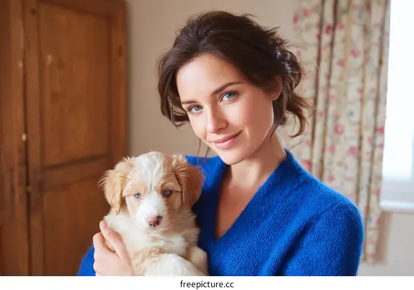 Woman Holding a Cute Puppy Indoor