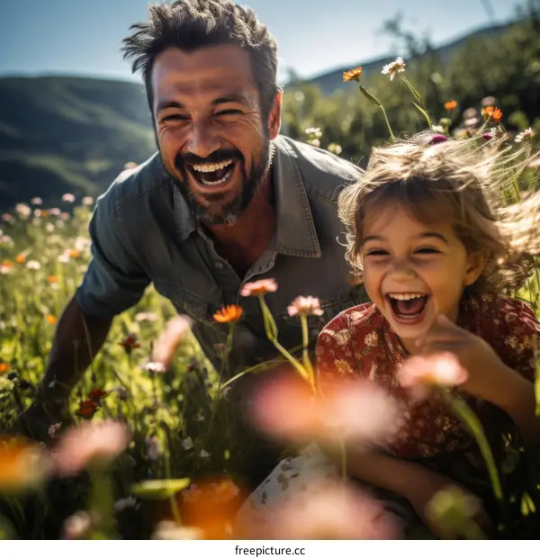 Father and daughter laughing in a field of flowers