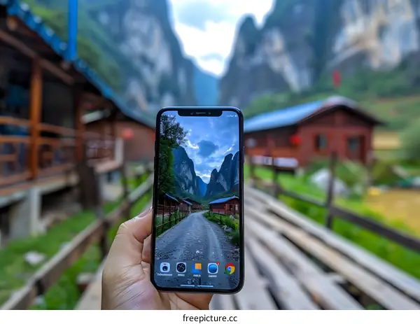 Hand Holding Smartphone With Mountain Landscape Photo