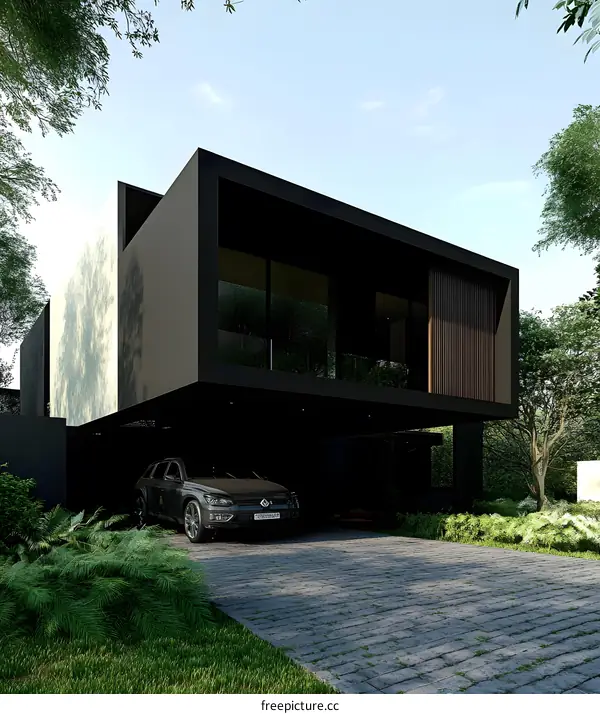 Modern Black House with Car in Front