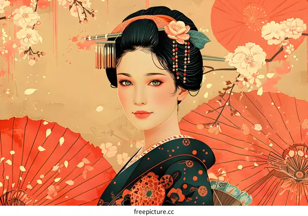 A beautiful Japanese woman in a kimono with cherry blossoms