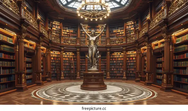 A grand library with a statue of Justitia