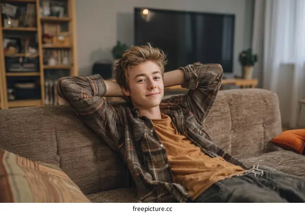 Teenage Boy Relaxing on Sofa in Cozy Living Room