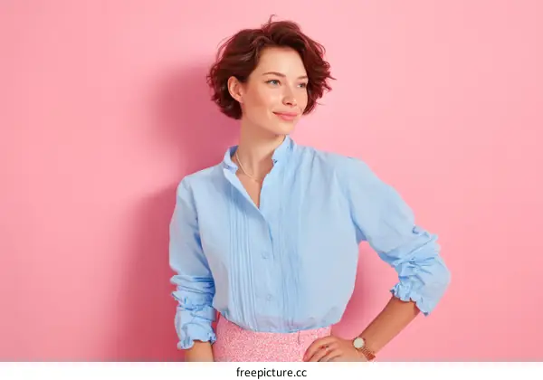 Woman in Light Blue Shirt Against Pink Background