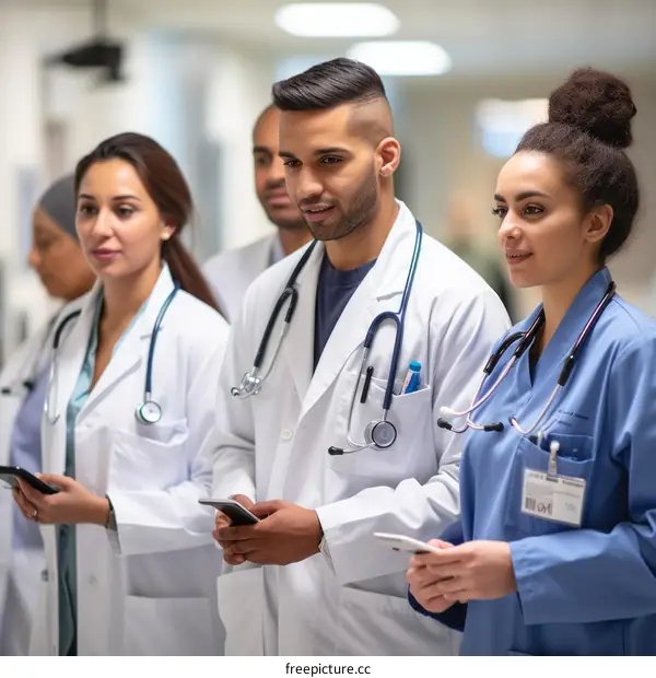 A group of doctors of Middle Eastern descent are looking at their phones