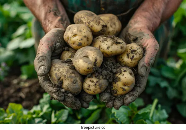 A farmer holding a handful of freshly harvested potatoes