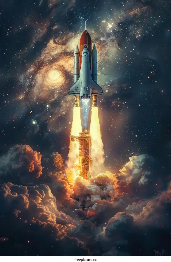 Space Shuttle Atlantis launching into the starry night sky