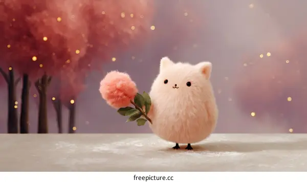 Fluffy Pink Creature with a Rose in a Magical Forest