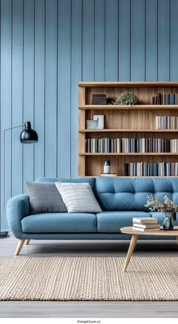 Modern Living Room Interior Design with Blue Sofa and Wooden Bookshelf