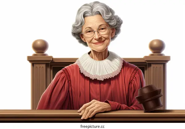 A gray-haired female judge in a red robe is sitting in a courtroom.