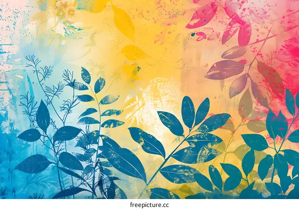 Abstract Art Leaves Blue Yellow Pink