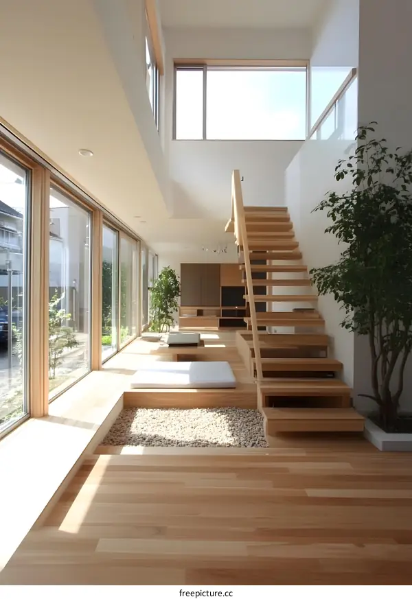 Modern Minimalist House Interior Design with Wooden Stairs and Large Windows