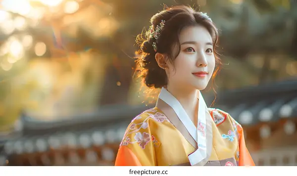 Portrait of a young Korean woman in traditional Korean dress, or Hanbok