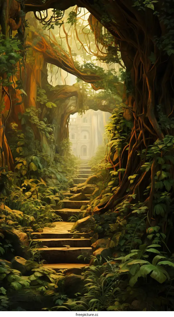 The stone path through the overgrown jungle
