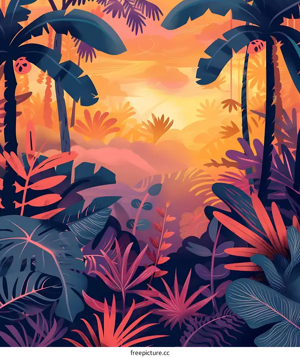 Tropical Jungle Sunset Landscape Illustration