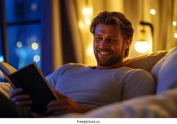 Man Reading a Book in Bed at Night
