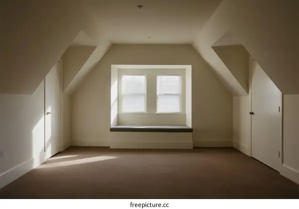 Empty attic room with slanted ceilings and two windows