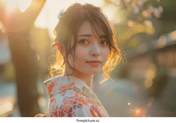 Japanese Woman in Kimono at Sunset
