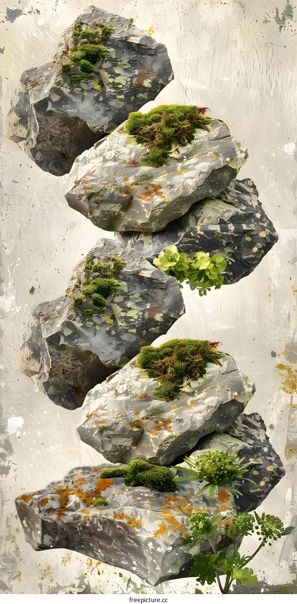 Stacked Rocks With Moss and Plants
