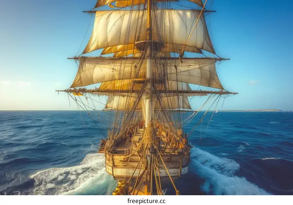 A majestic tall ship sails across the ocean with the wind in its sails