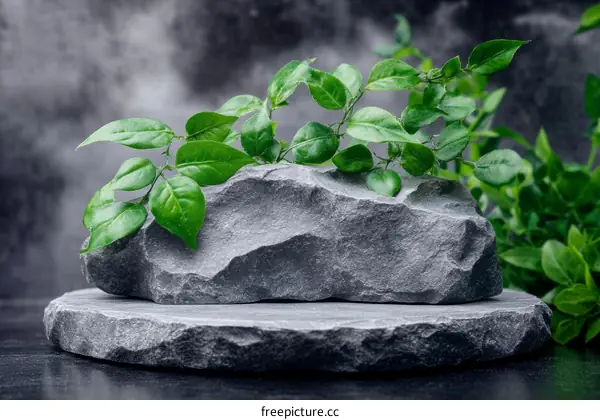 Gray Stone and Green Leaves Arrangement
