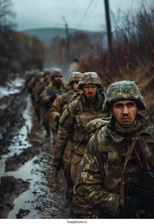 Camouflaged soldiers walk through the mud during a military exercise.