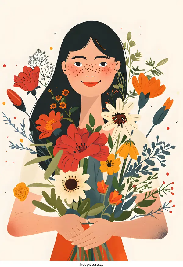 Smiling Woman with Flowers Illustration