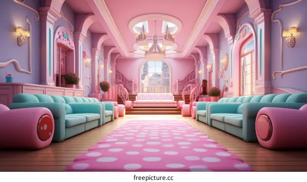 A pink and blue living room with a pink carpet and polka dot pattern