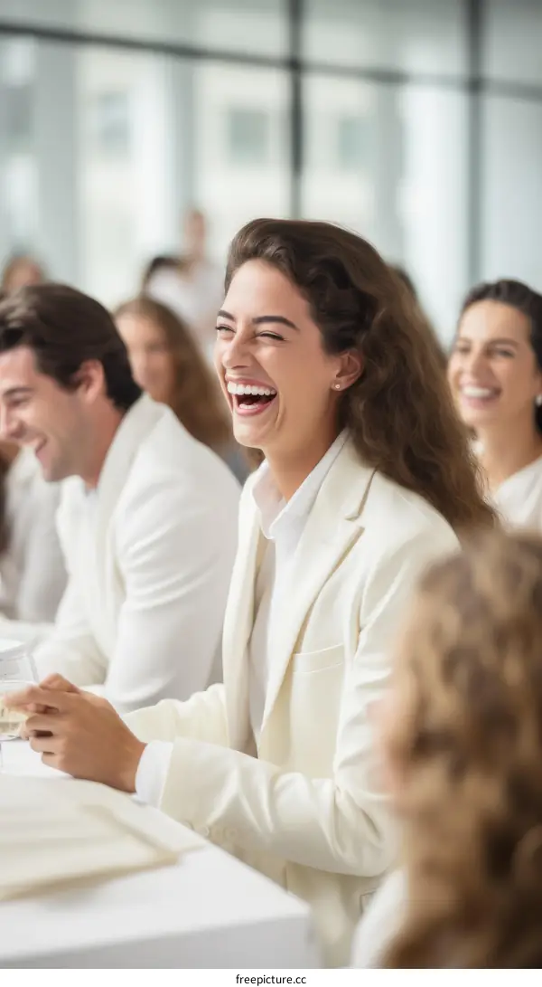 Laughing friends in white suits at a party