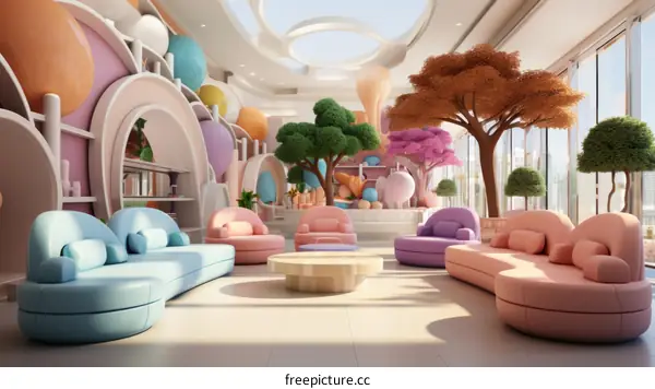 Whimsical Interior Design with Playful Seating and Trees