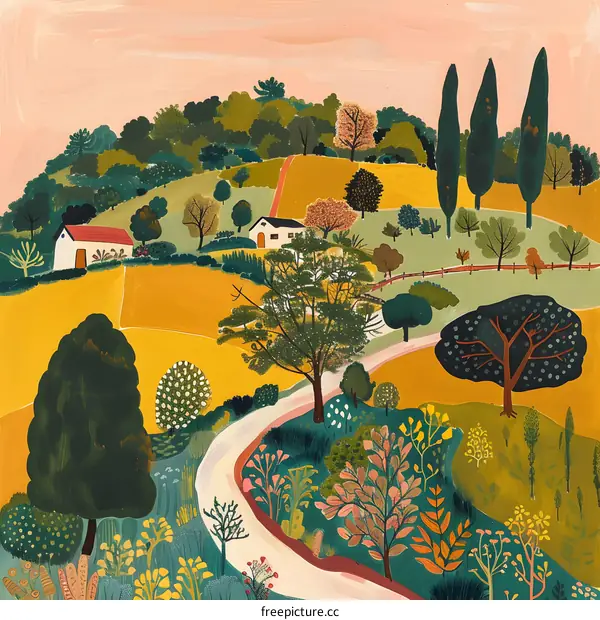 Colorful Winding Road Through a Green Landscape