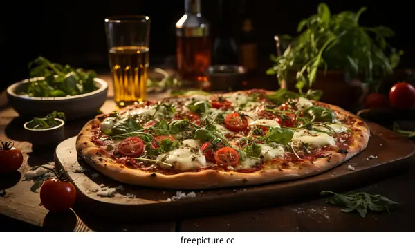 A delicious pizza sits atop a table waiting to be devoured