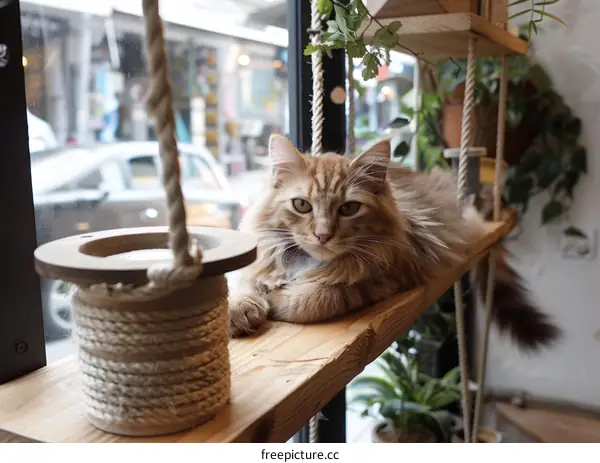 A ginger cat is lying on a wooden shelf in front of a window.