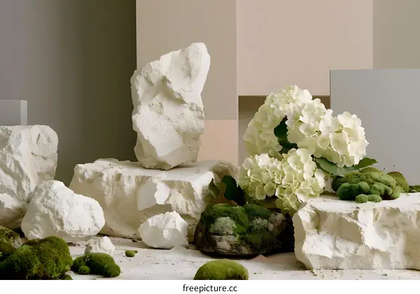 White Hydrangea Flower Still Life With Stones and Moss