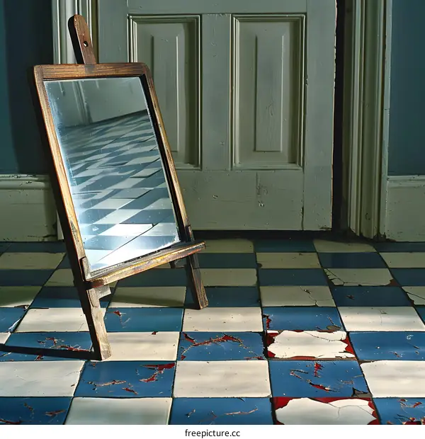 Vintage Mirror Standing On Checkered Floor