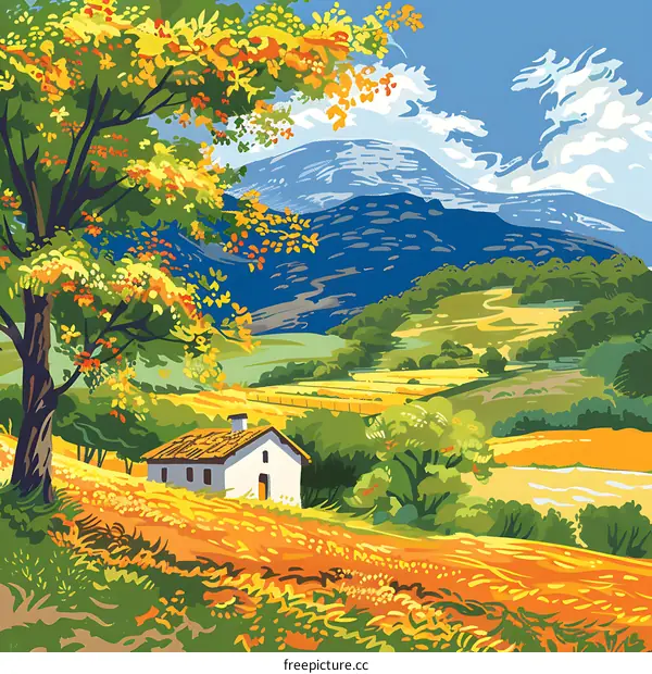Rural Landscape with a White House and Mountains