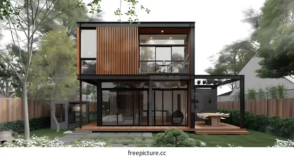 Modern Two Story House With Wooden Paneling