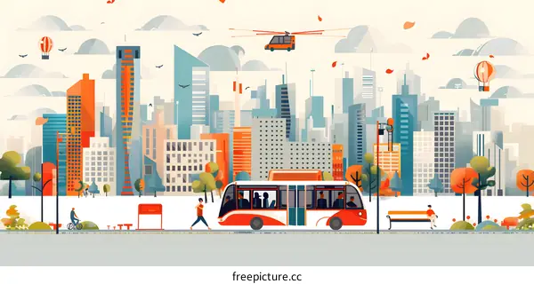 Cityscape with Bus and People in Park