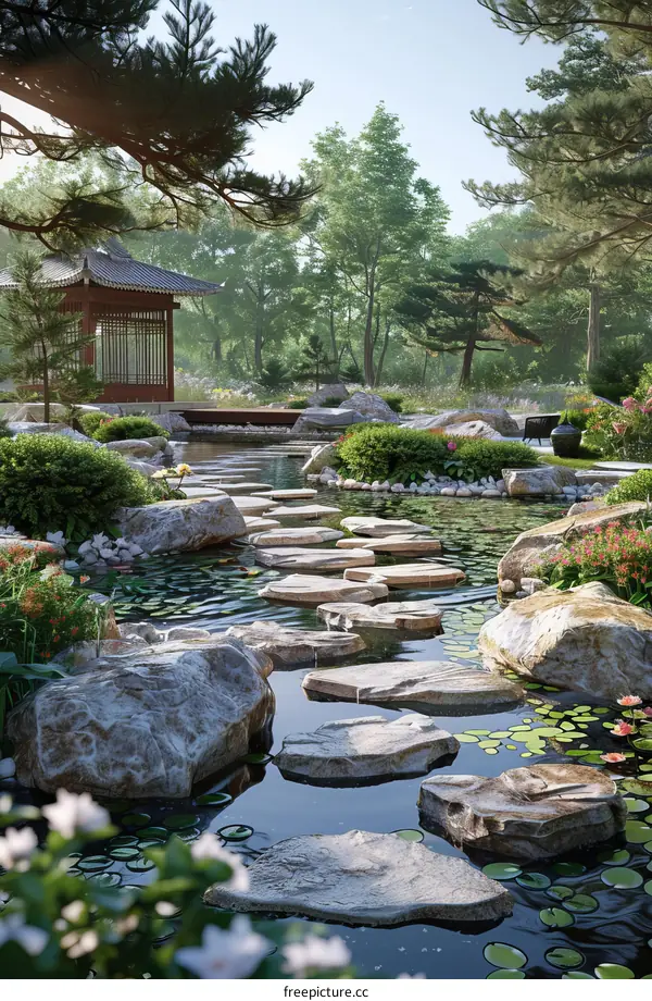 Serene Garden Pavilion with Stepping Stones