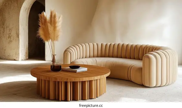 Modern Beige Sofa and Wooden Coffee Table Interior Design