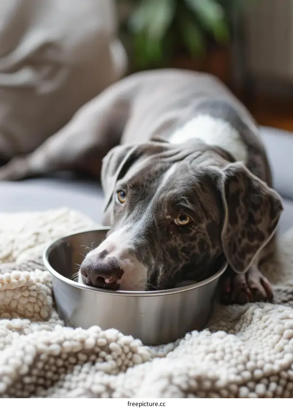 A gray and white pit bull terrier mix dog rests its head on a stainless steel bowl