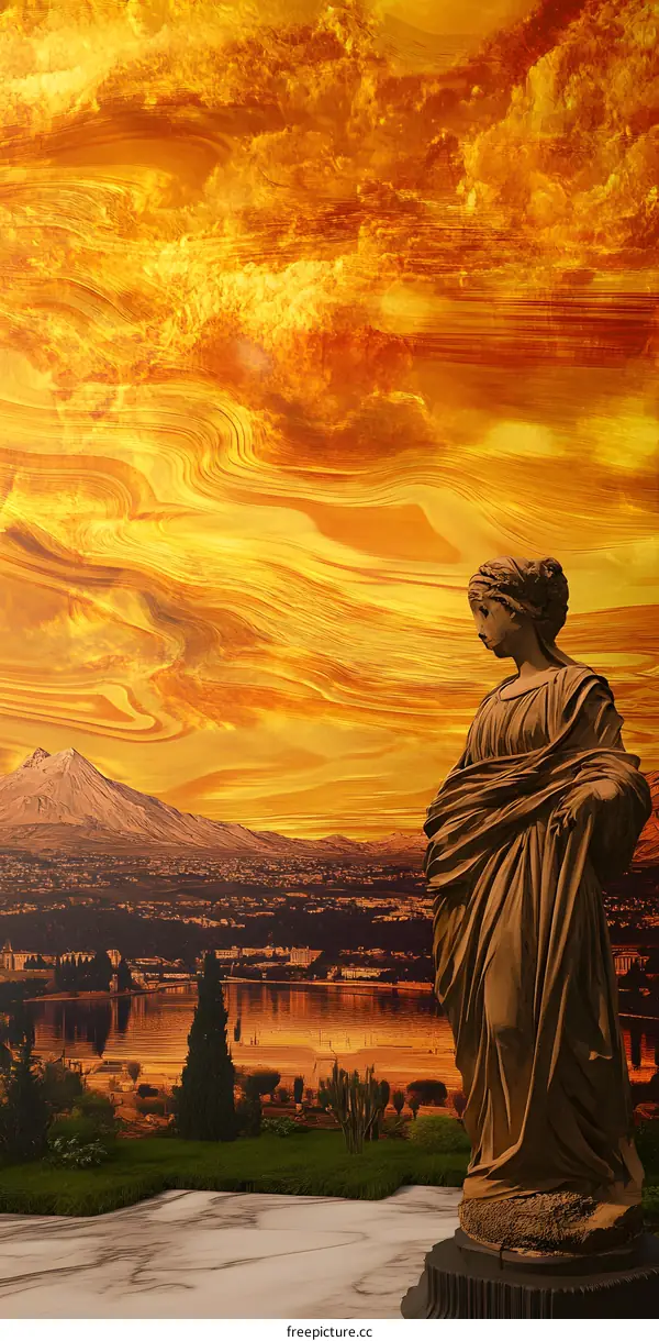 Statue of a Woman with Orange Sunset and Cityscape Background