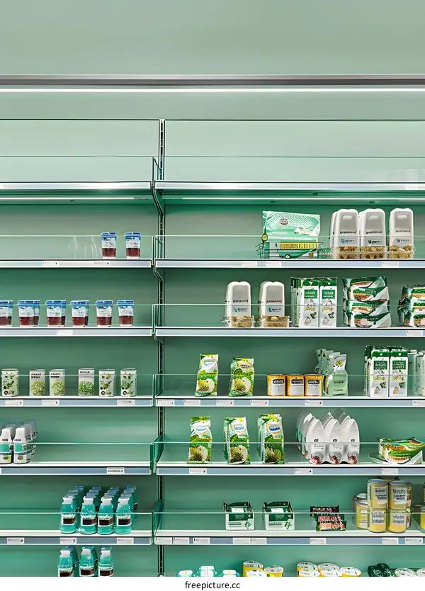 Green Grocery Store Shelves with Variety of Food Products