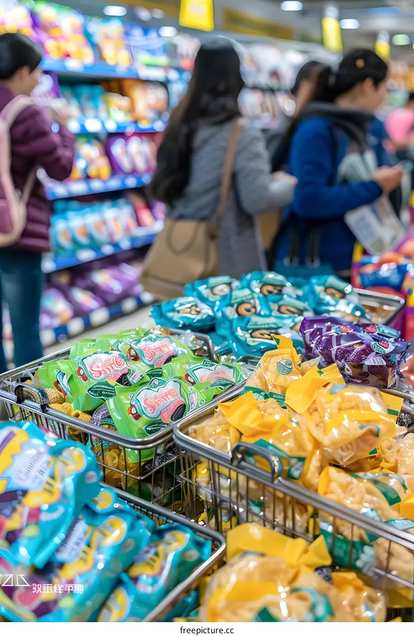 Close Up Of Snack Food In Shopping Cart At Grocery Store