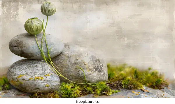 Stack of Stones with Green Buds and Moss on a Tan Background