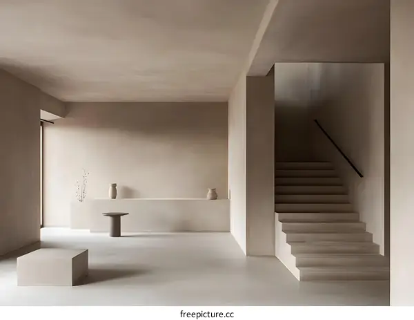 Minimalist Interior Design With Stairs and Beige Walls