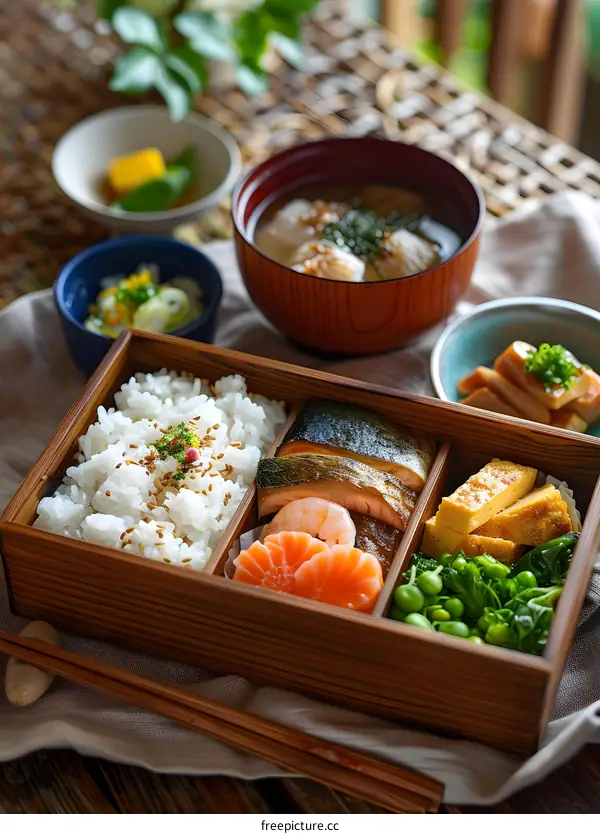 A delicious and healthy Japanese bento box with rice, fish, vegetables, and miso soup