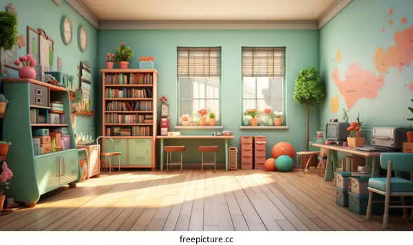 A classroom with a lot of supplies and decorations