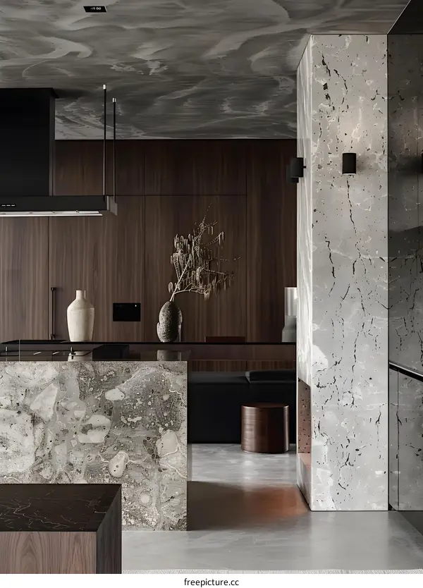 Modern Kitchen Interior Design With Marble Walls And Wooden Cabinets